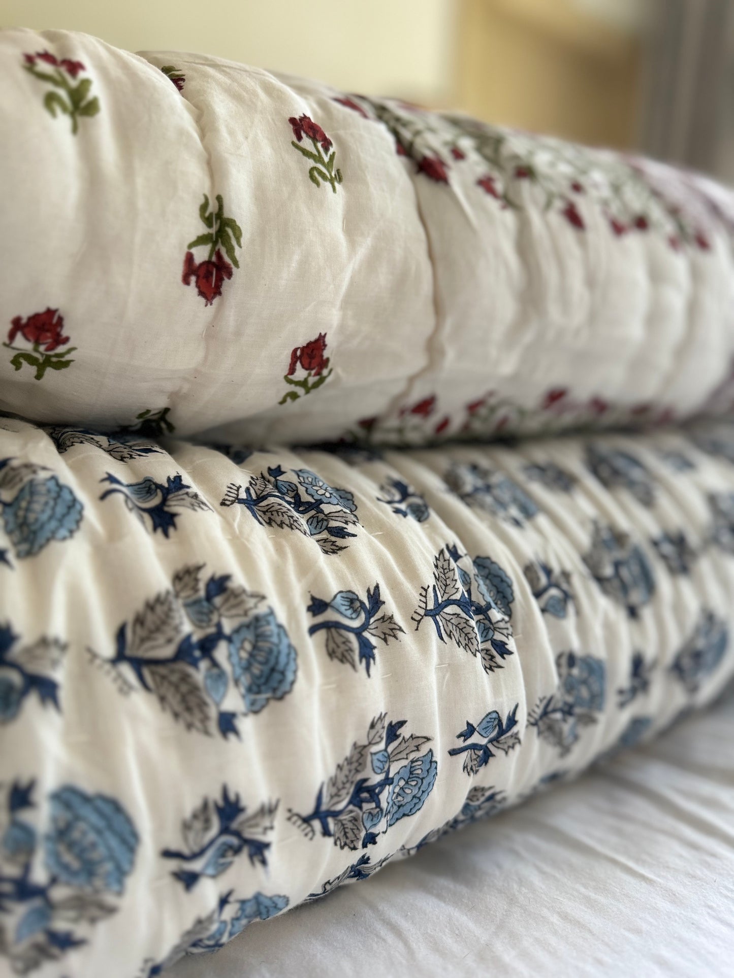 Beautiful Blue Floral Blockprinted Cotton Quilt