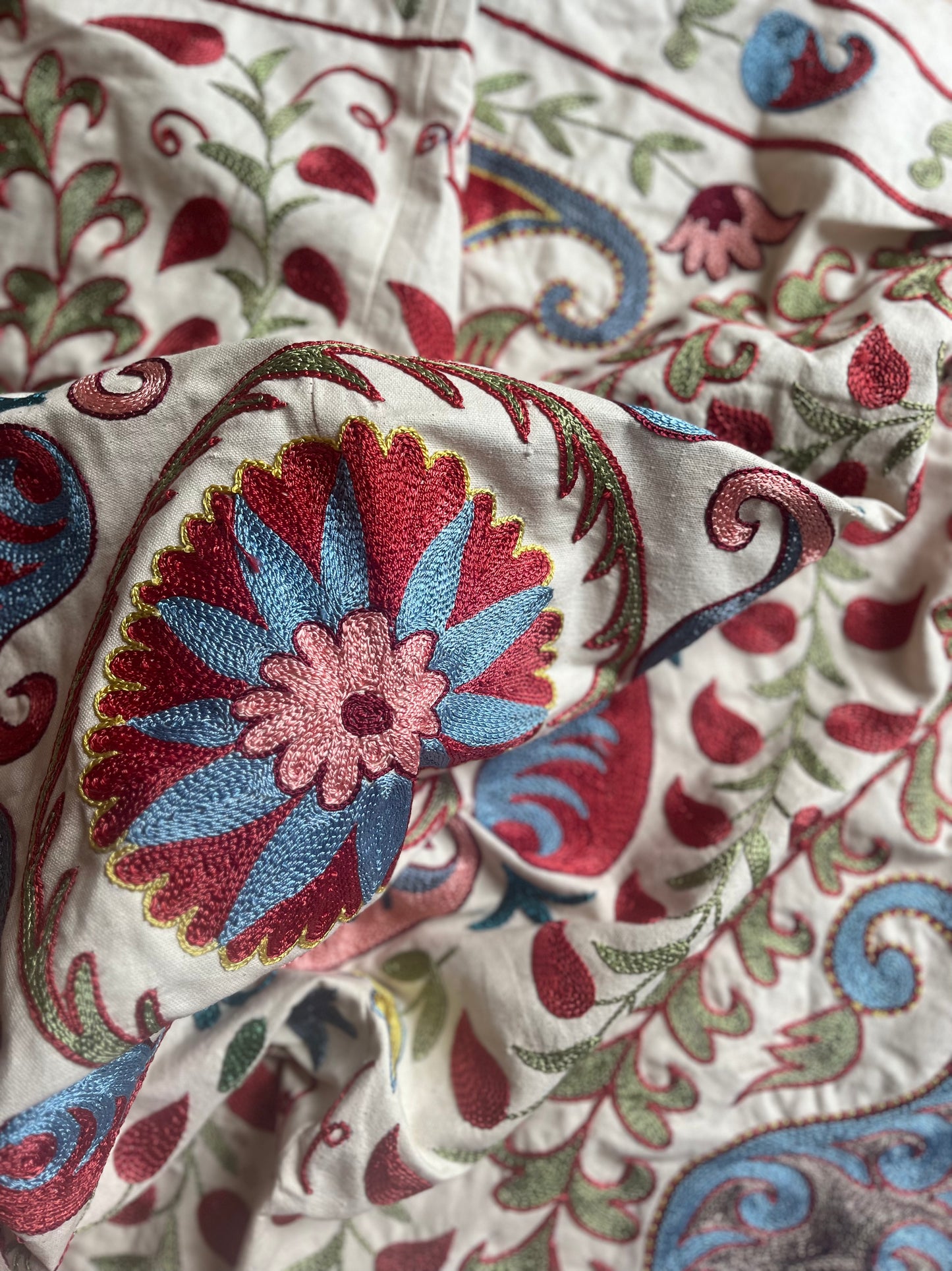 Multicoloured with Pink Cotton & Silk Suzani Fabric