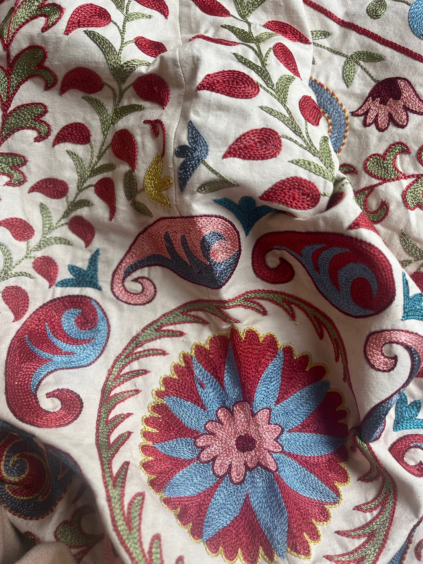 Multicoloured with Pink Cotton & Silk Suzani Fabric