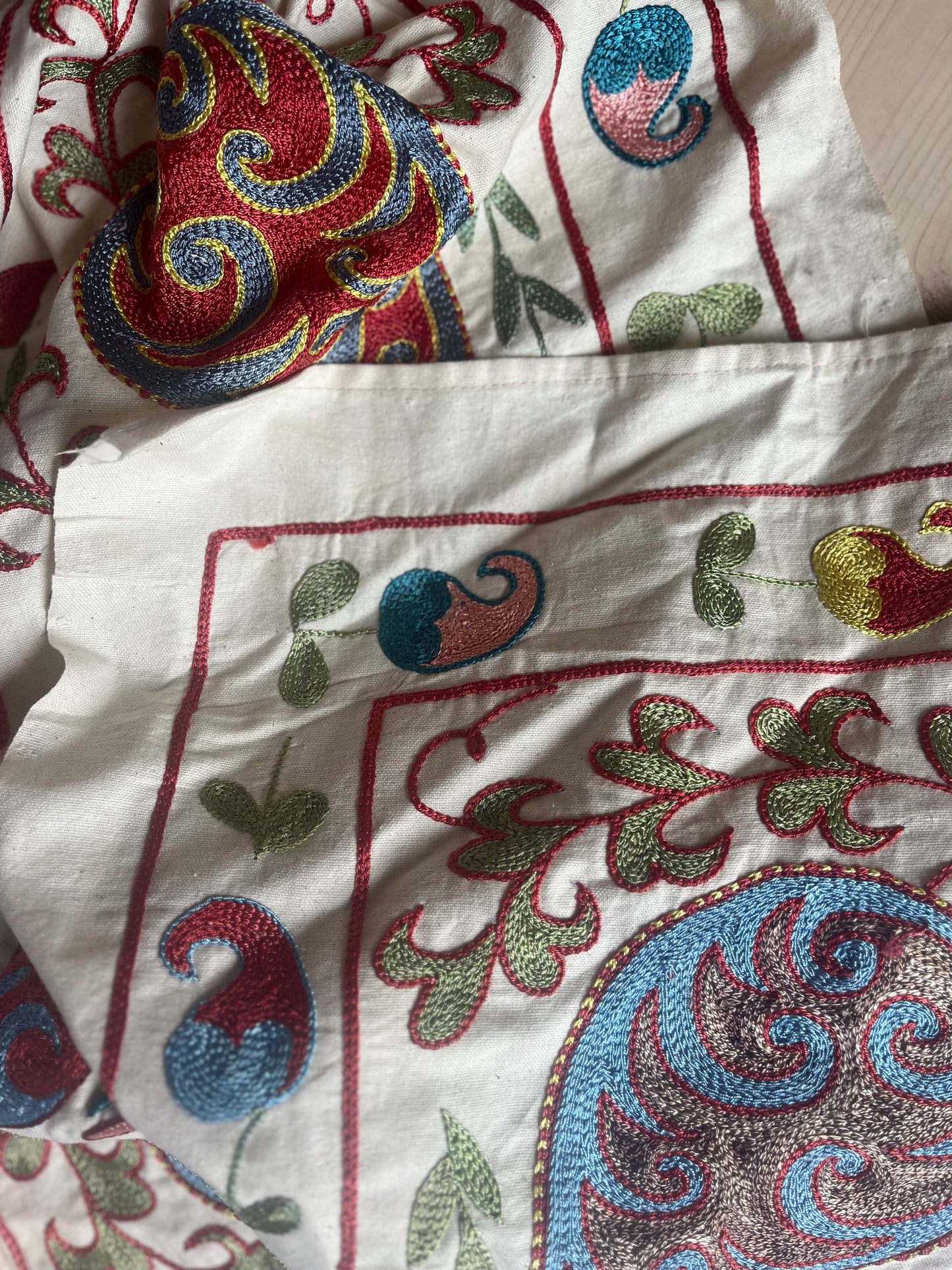 Multicoloured with Pink Cotton & Silk Suzani Fabric