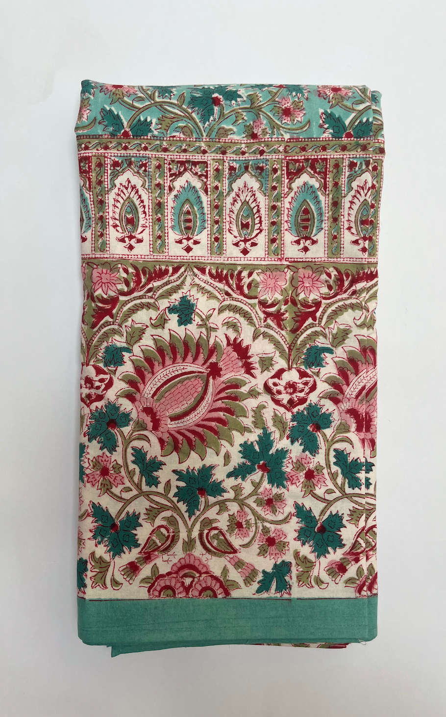 Turquoise, Pink & Red Blockprinted Cotton Tablecloth - Various Sizes