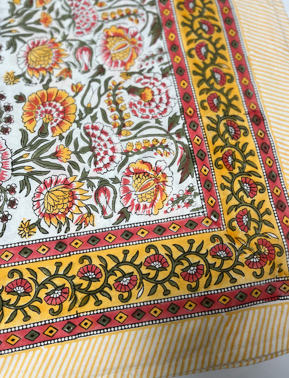 Yellow & Orange with Green & Pink Blockprinted Cotton Tablecloth - Various Sizes