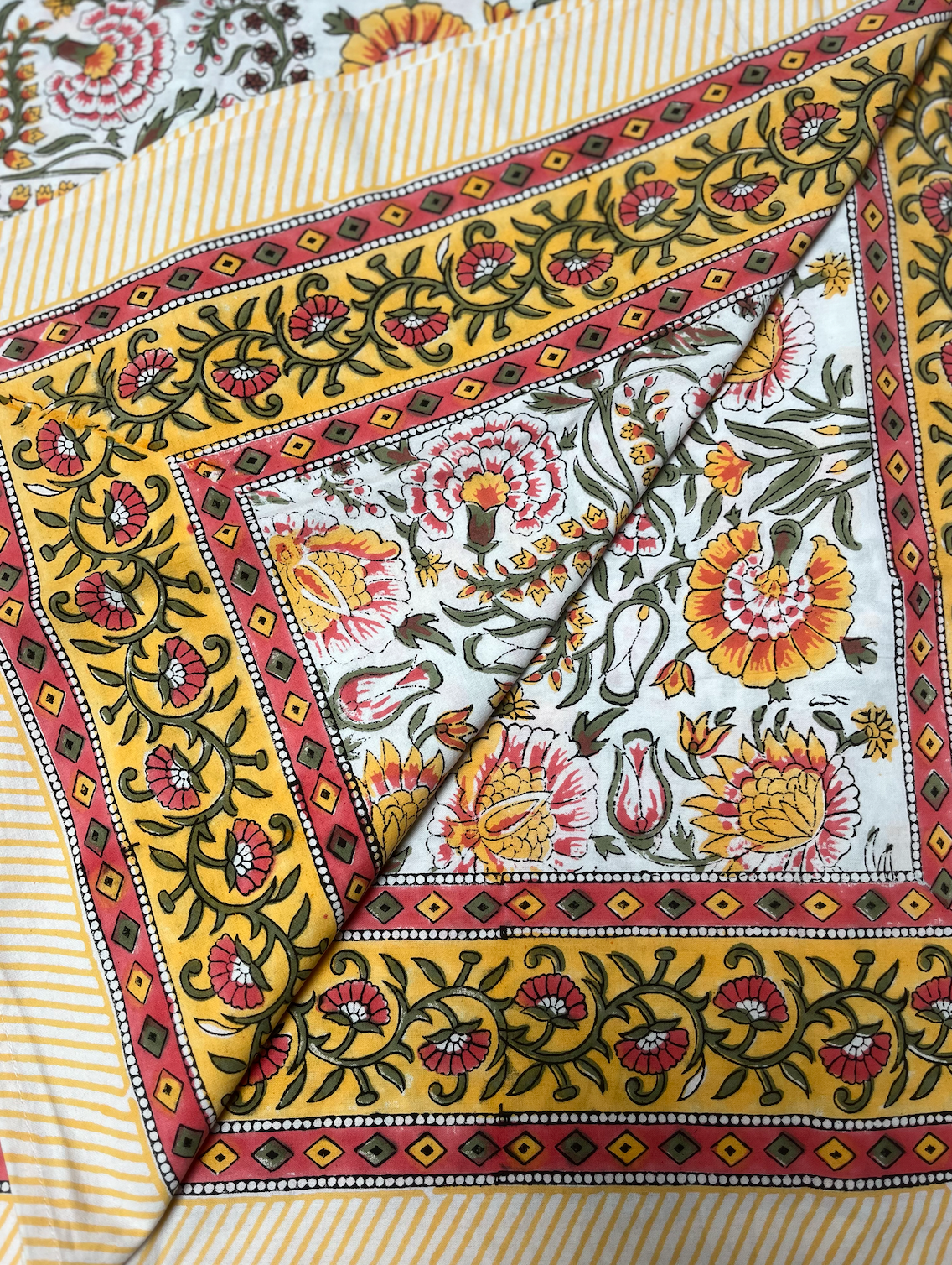 Yellow & Orange with Green & Pink Blockprinted Cotton Tablecloth - Various Sizes