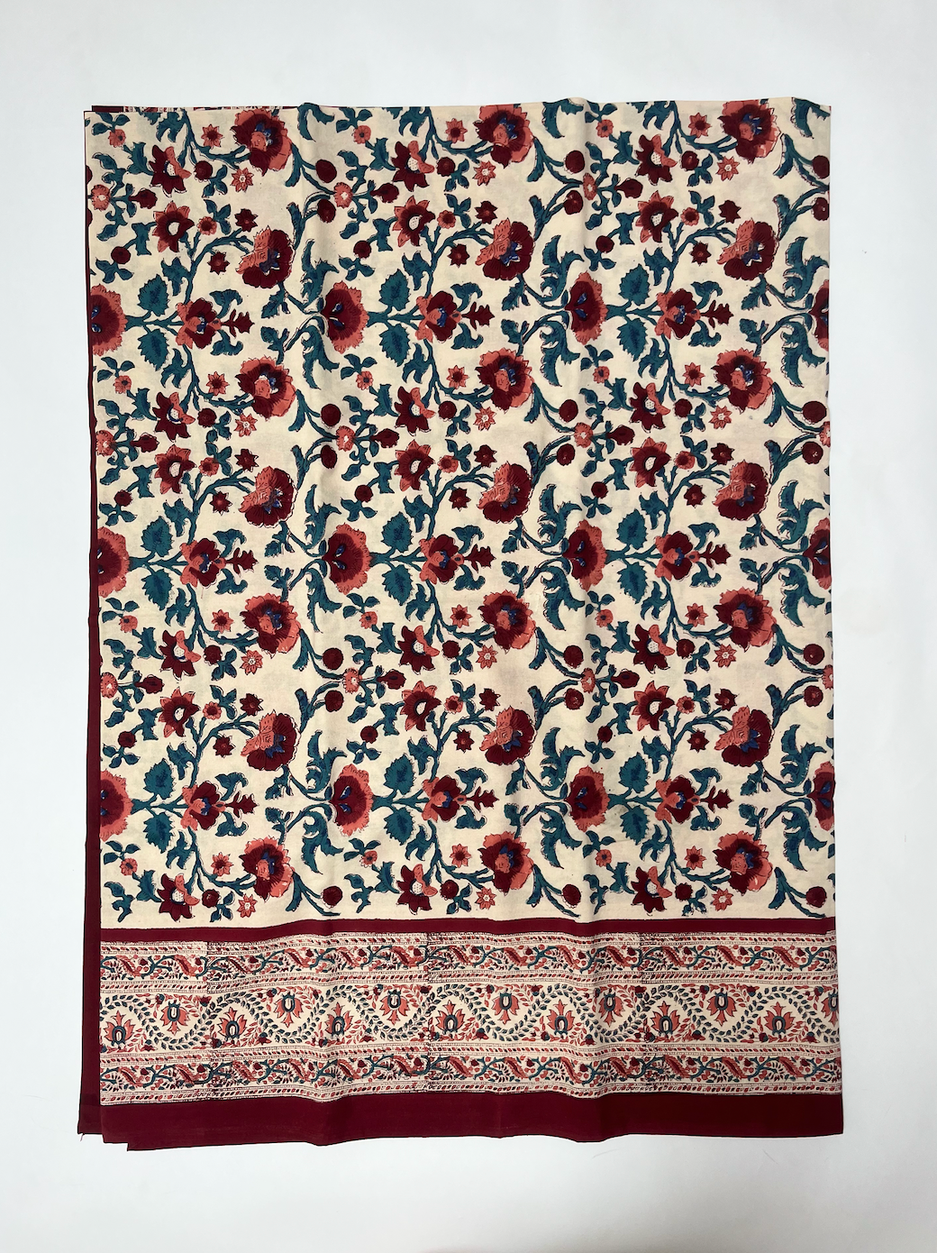Wine Red with Blue Blockprinted Cotton Tablecloth - Various Sizes