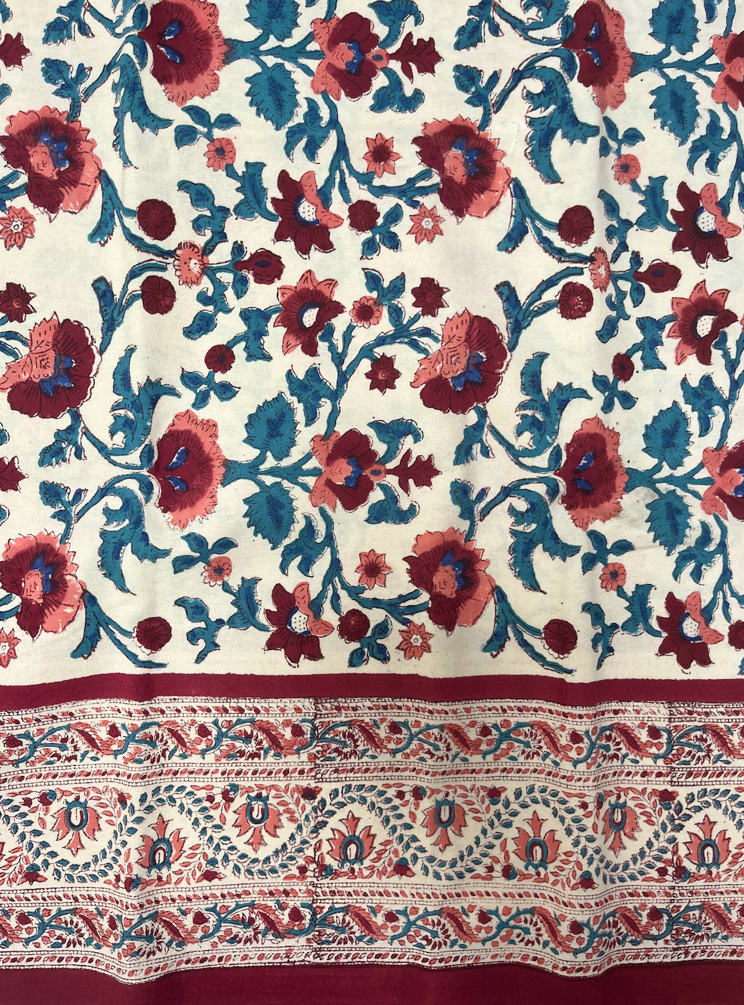 Wine Red with Blue Blockprinted Cotton Tablecloth - Various Sizes