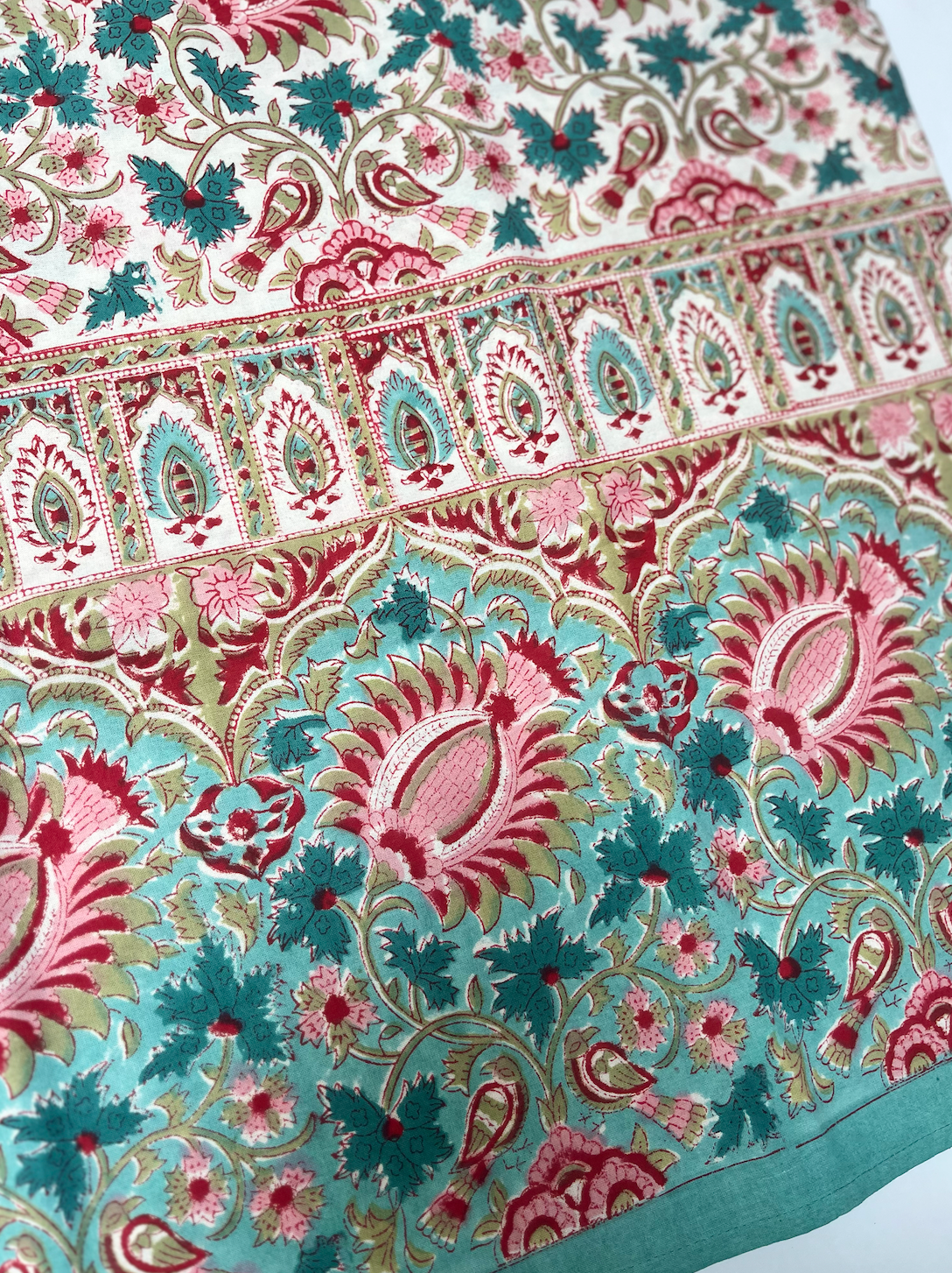 Blue, Pink & Red on White Blockprinted Cotton Tablecloth - Various Sizes