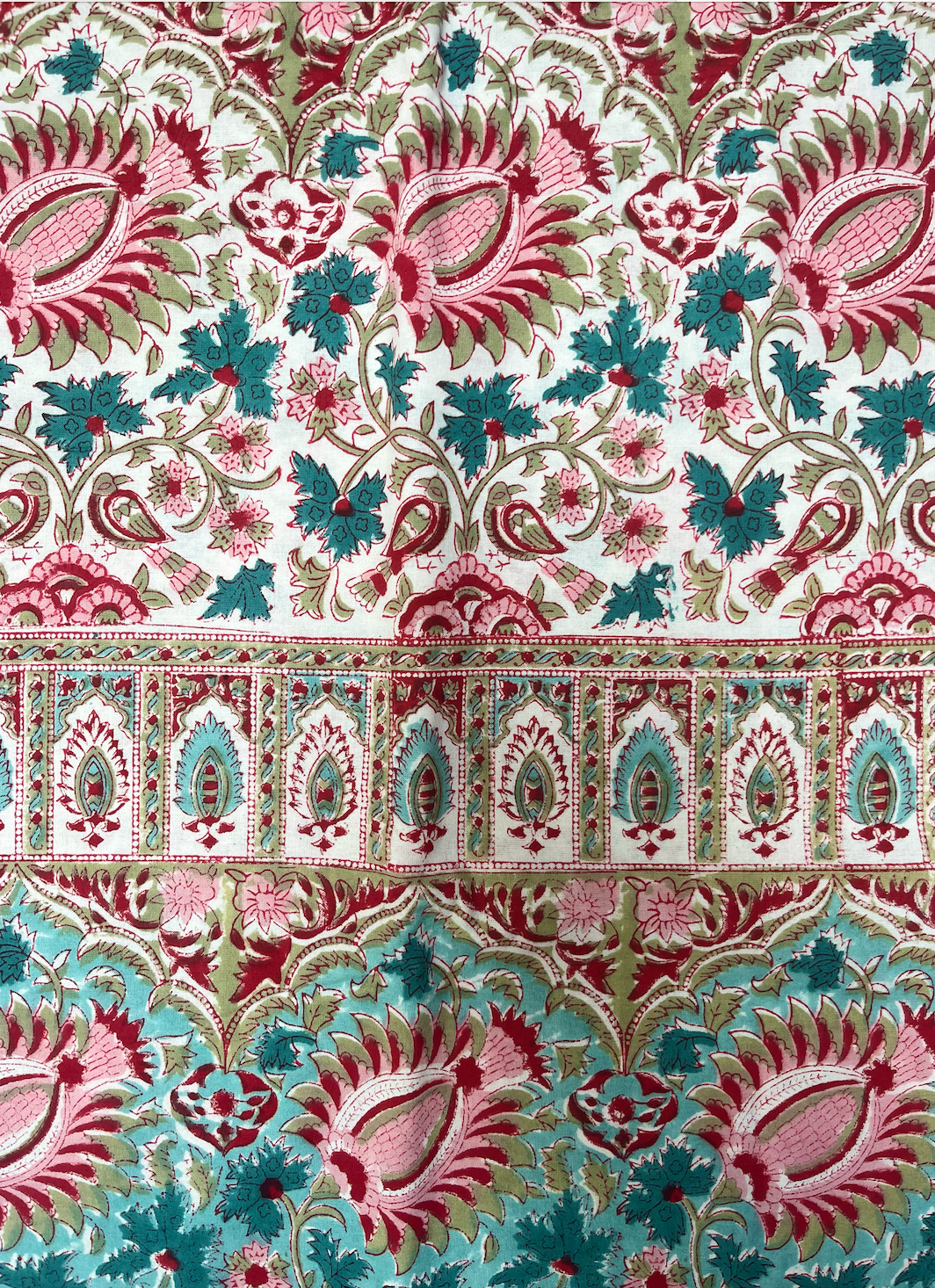 Blue, Pink & Red on White Blockprinted Cotton Tablecloth - Various Sizes