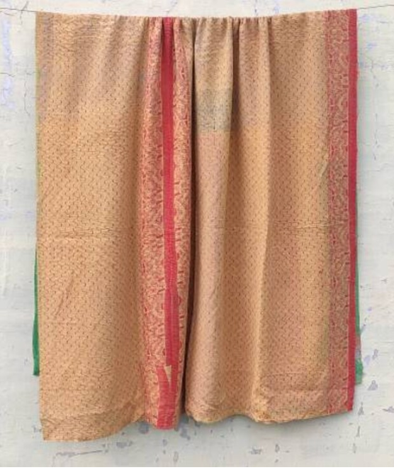 Double Sided Vintage Kantha Quilt, Green & Orange Toned Juliet