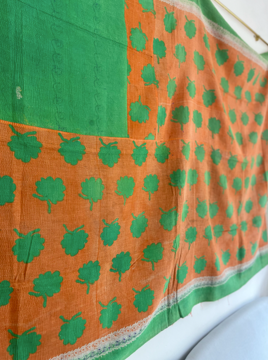 Double Sided Vintage Kantha Quilt, Green & Orange Toned Juliet