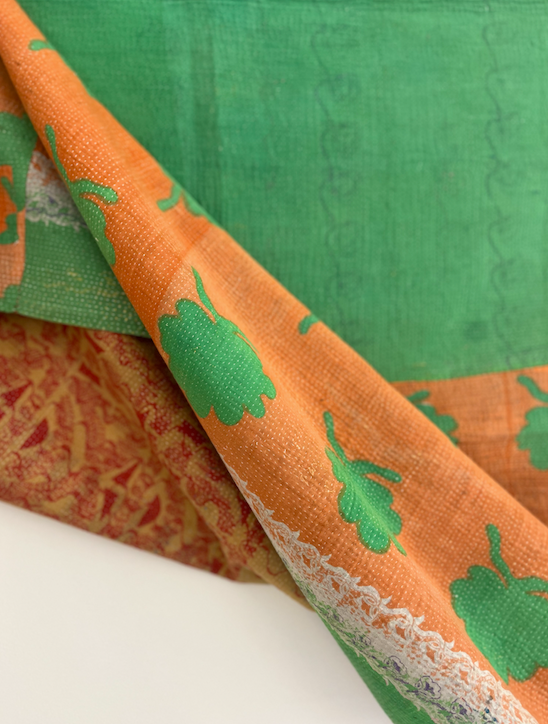 Double Sided Vintage Kantha Quilt, Green & Orange Toned Juliet