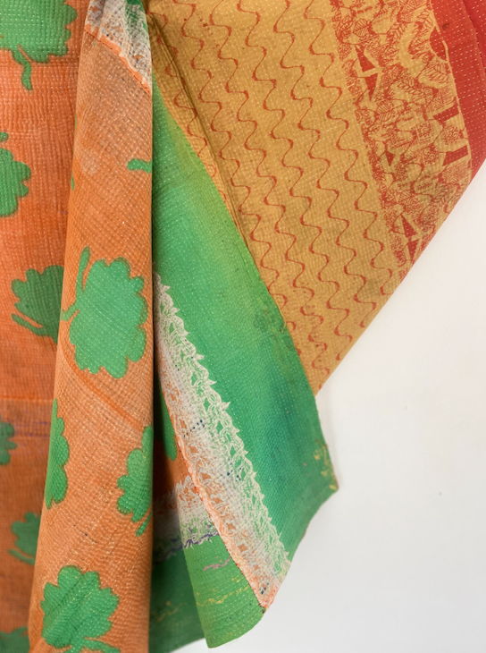 Double Sided Vintage Kantha Quilt, Green & Orange Toned Juliet