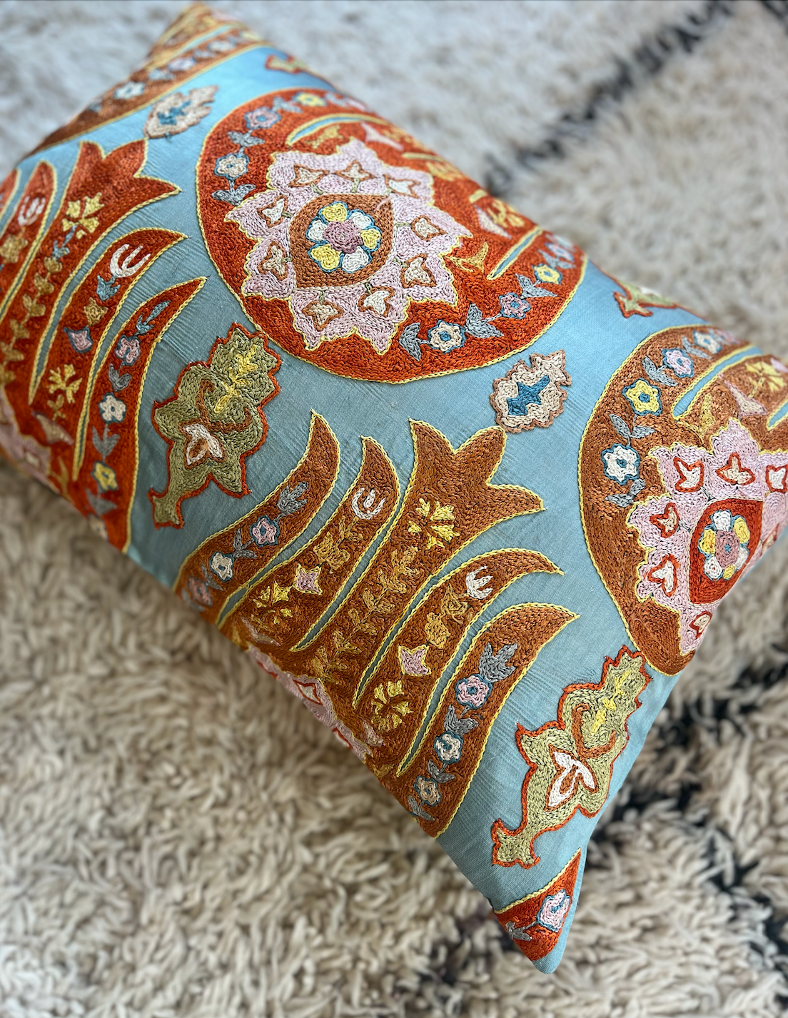 Beautiful Blue Silk Suzani Cushion