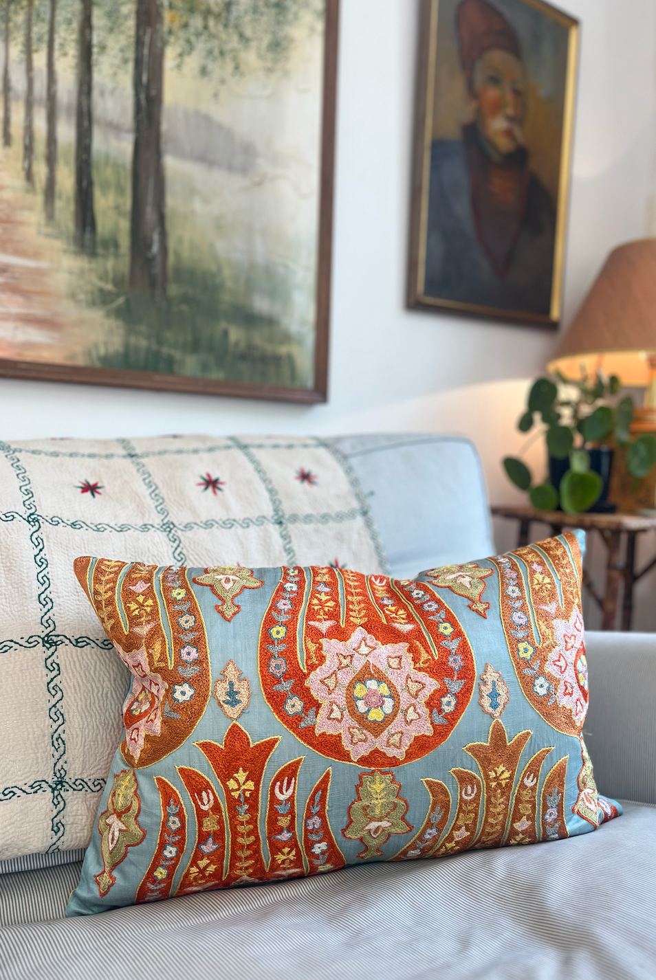 Beautiful Blue Silk Suzani Cushion