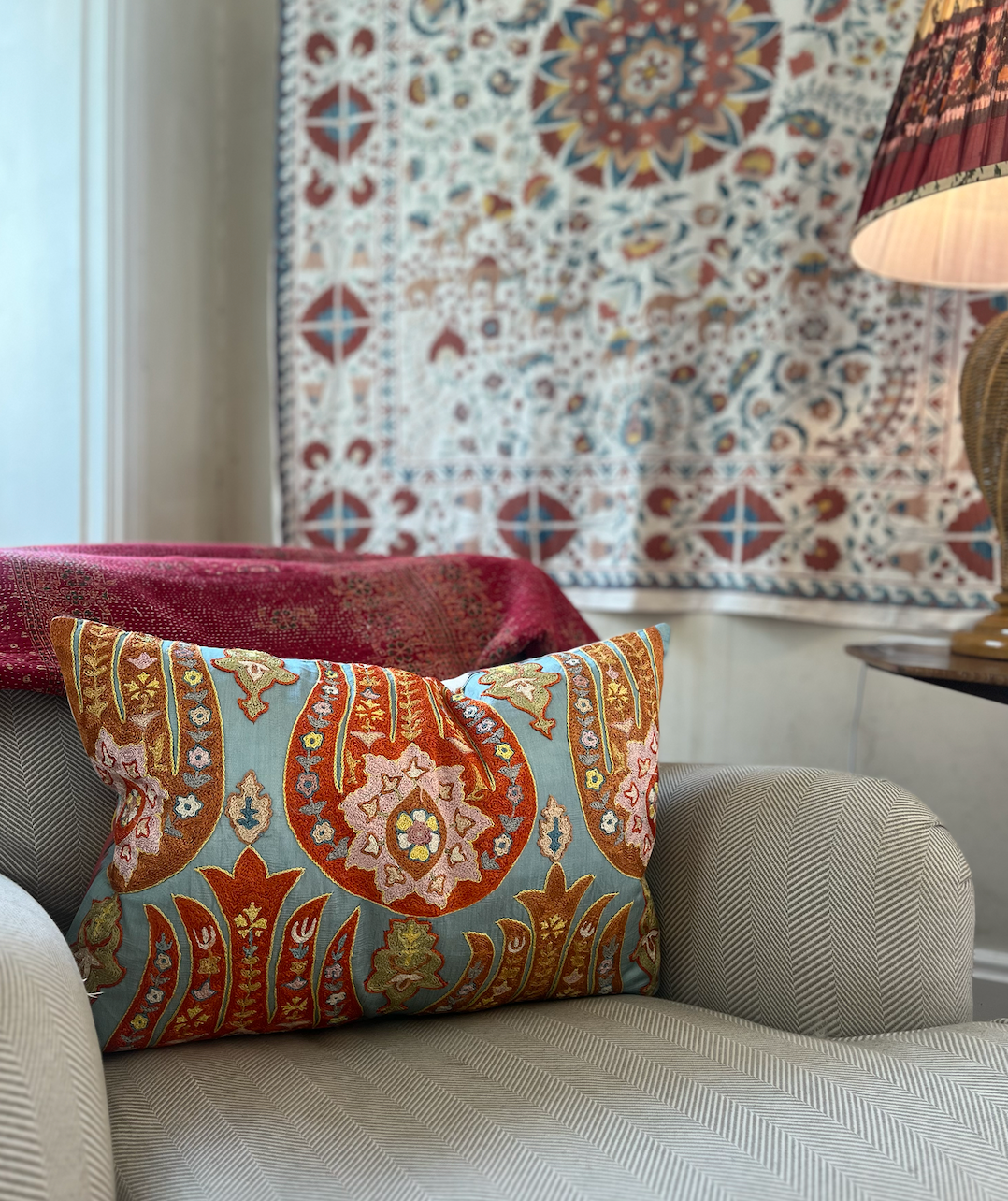 Beautiful Blue Silk Suzani Cushion
