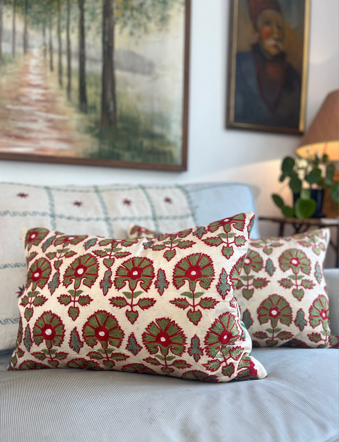 Green with Red Floral Silk Suzani Cushion