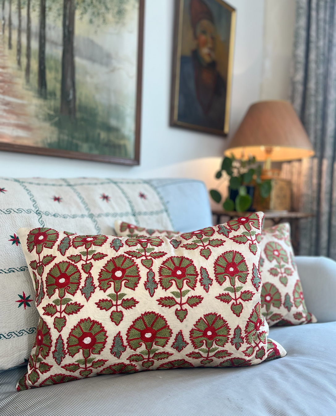 Green with Red Floral Silk Suzani Cushion