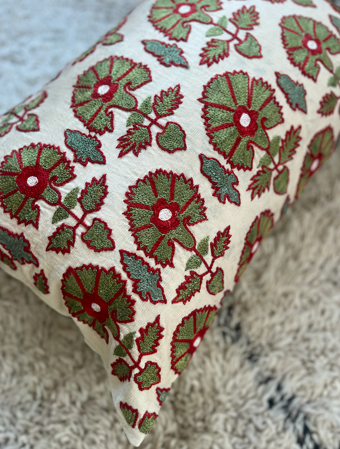 Green with Red Floral Silk Suzani Cushion