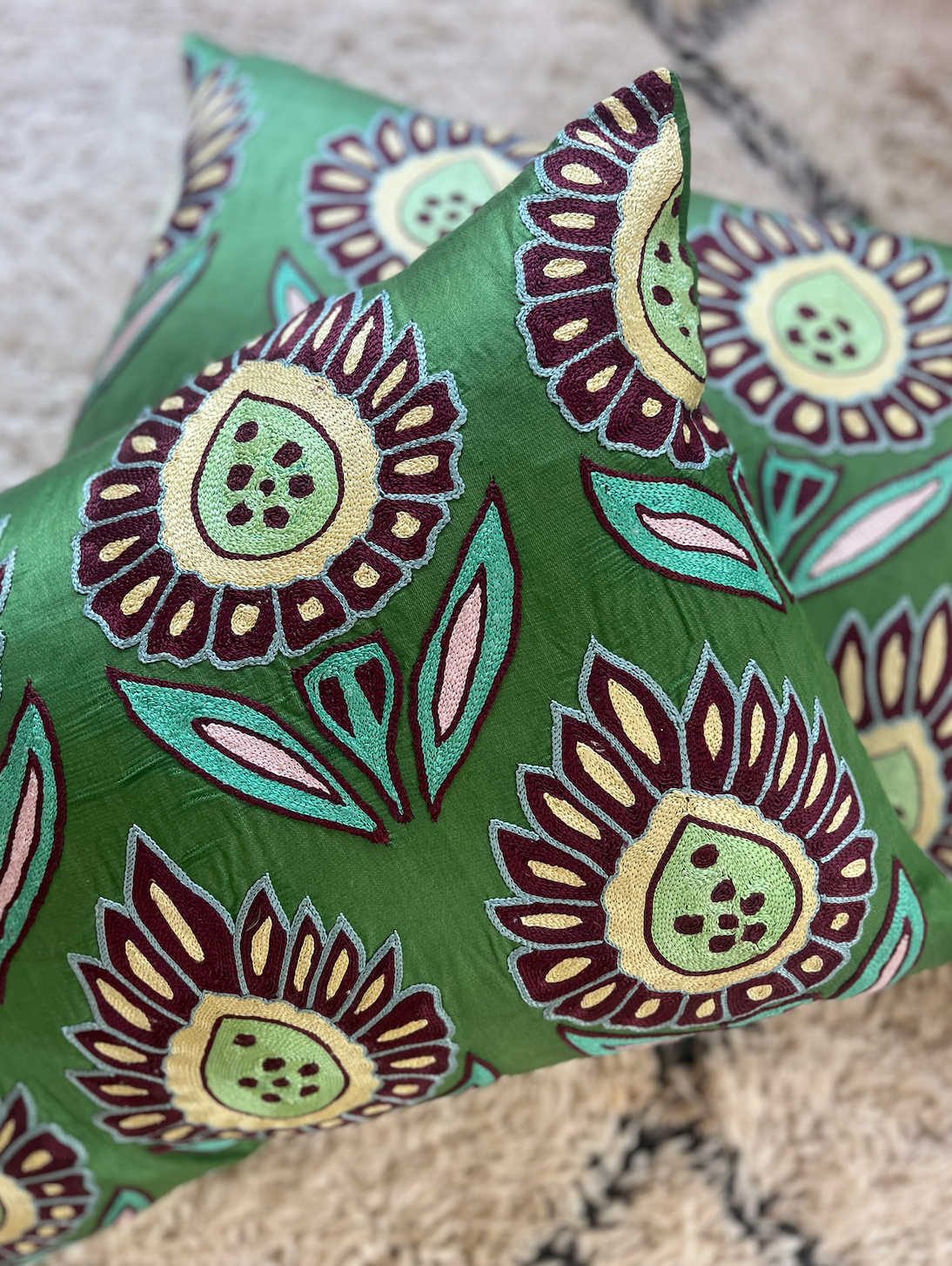 Vibrant Green Floral Silk Suzani Cushion