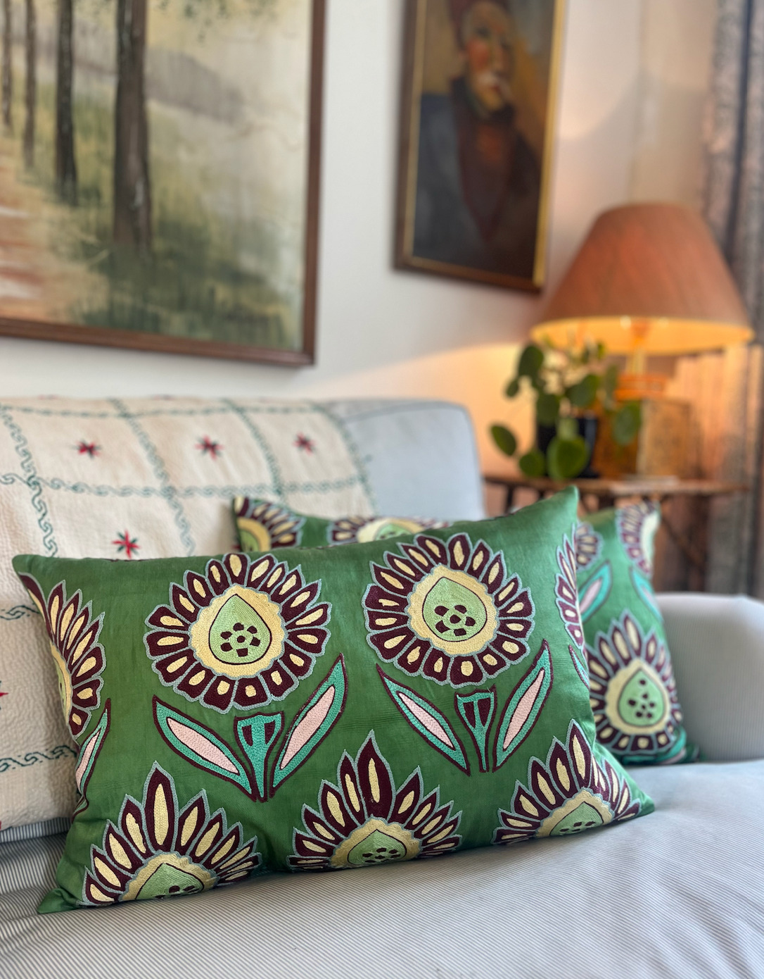 Vibrant Green Floral Silk Suzani Cushion
