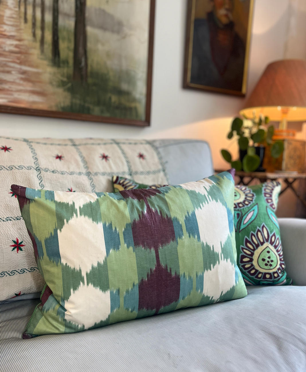 Vibrant Green Floral Silk Suzani Cushion