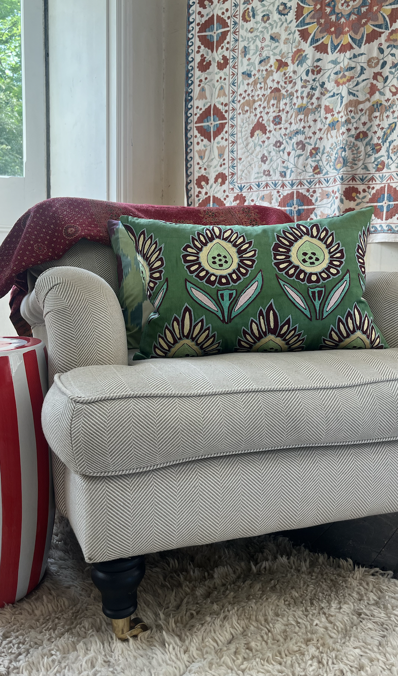 Vibrant Green Floral Silk Suzani Cushion