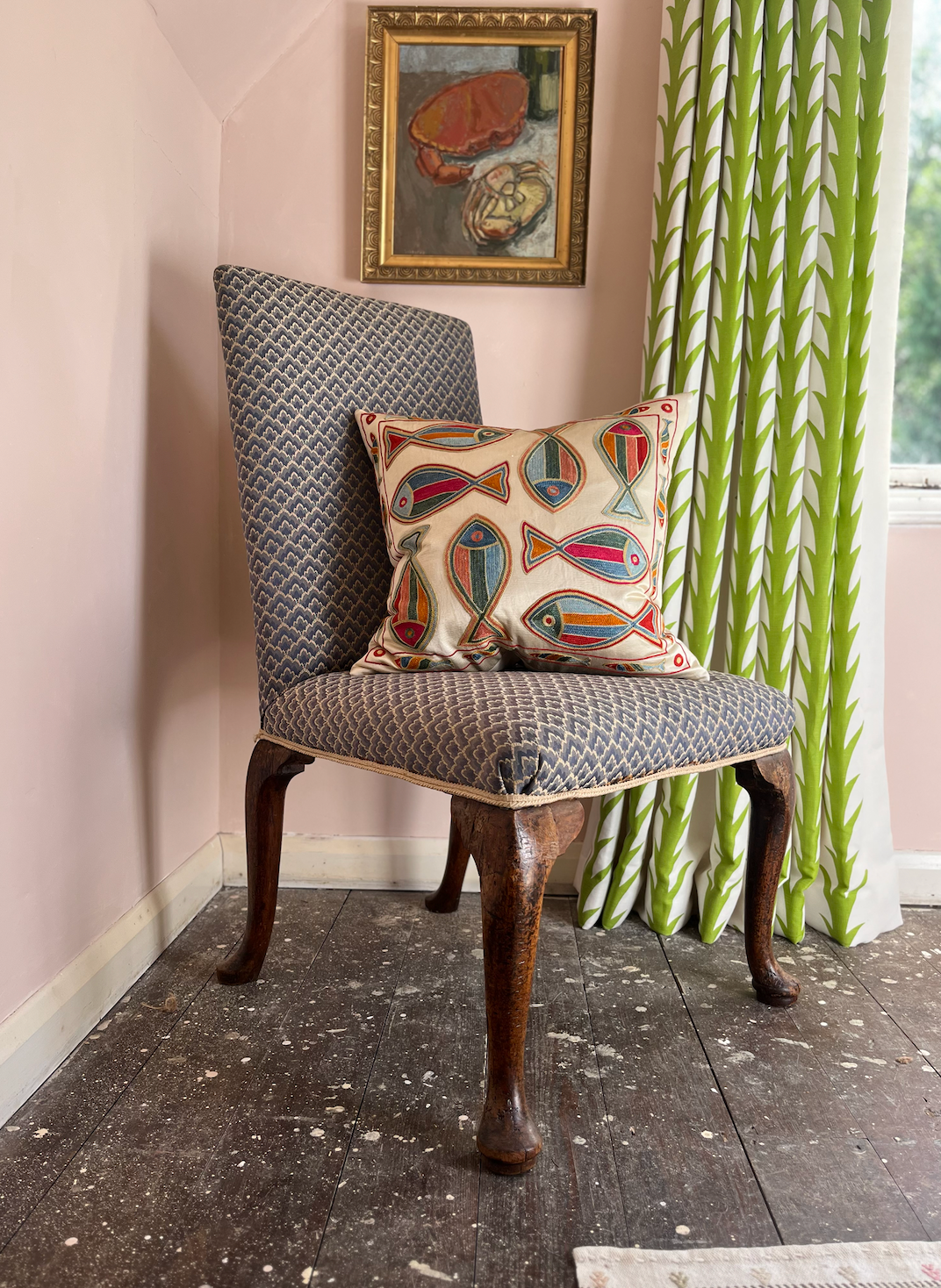 Multicoloured with Pink Fish Silk Suzani Cushion