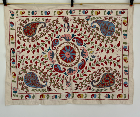 Multicoloured with Pink Cotton & Silk Suzani Fabric