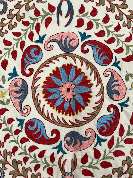 Multicoloured with Pink Cotton & Silk Suzani Fabric
