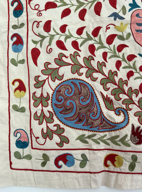 Multicoloured with Pink Cotton & Silk Suzani Fabric