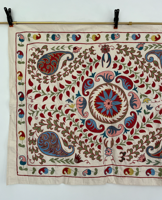Multicoloured with Pink Cotton & Silk Suzani Fabric