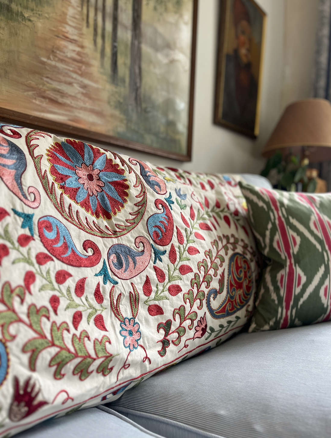 Multicoloured with Pink Cotton & Silk Suzani Fabric