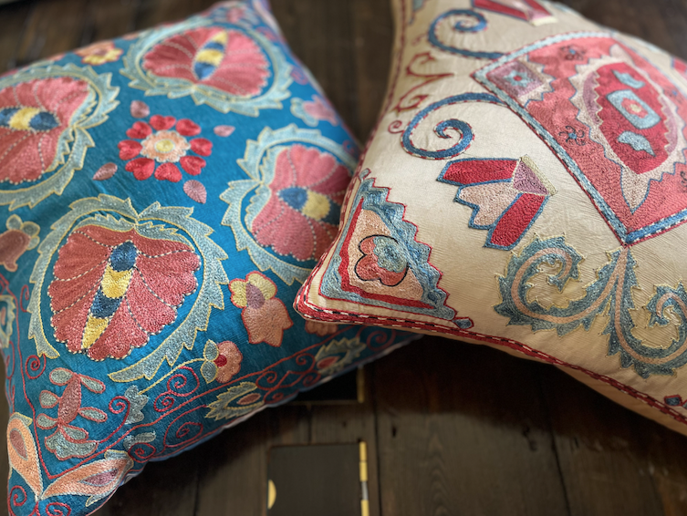Striking Blue with Pink & Ikat Reverse Silk Suzani Cushion