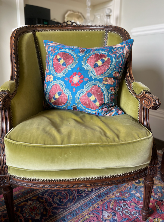 Striking Blue with Pink & Ikat Reverse Silk Suzani Cushion