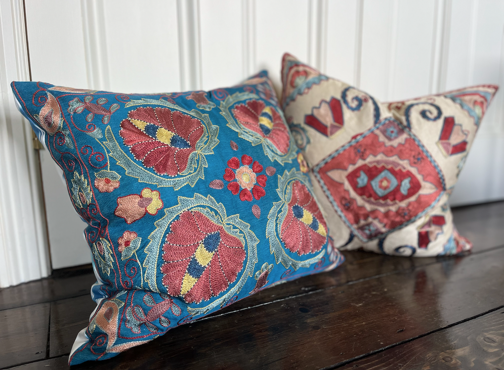 Striking Blue with Pink & Ikat Reverse Silk Suzani Cushion
