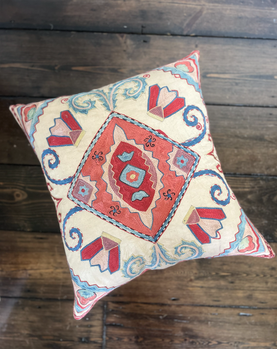 Eye Catching Pink & Blue Silk Suzani Cushion