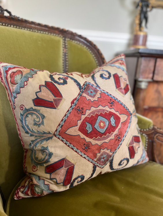 Eye Catching Pink & Blue Silk Suzani Cushion