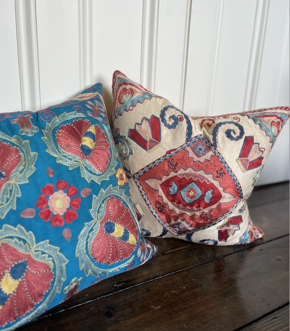 Eye Catching Pink & Blue Silk Suzani Cushion