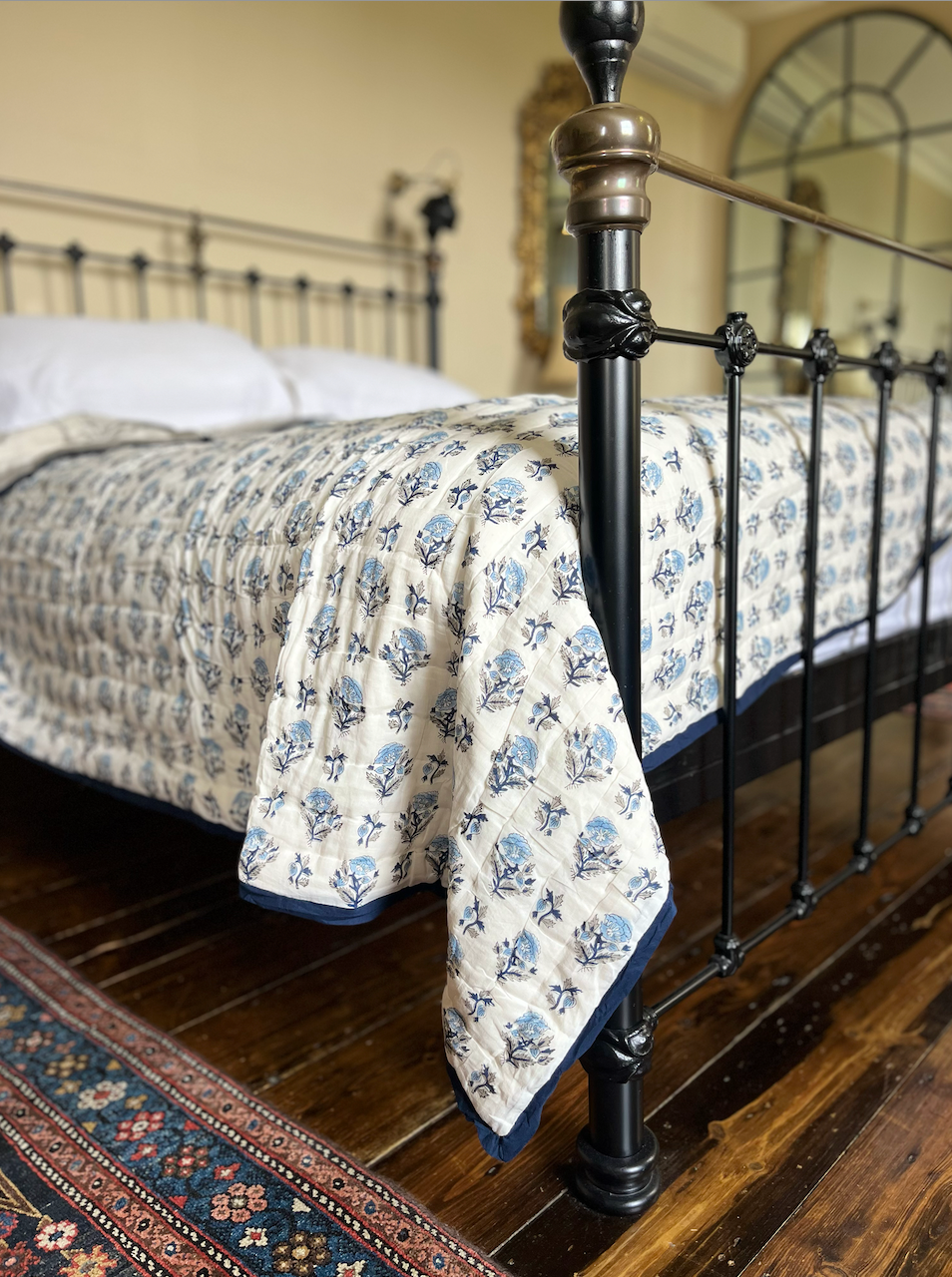 Beautiful Blue Floral Blockprinted Cotton Quilt