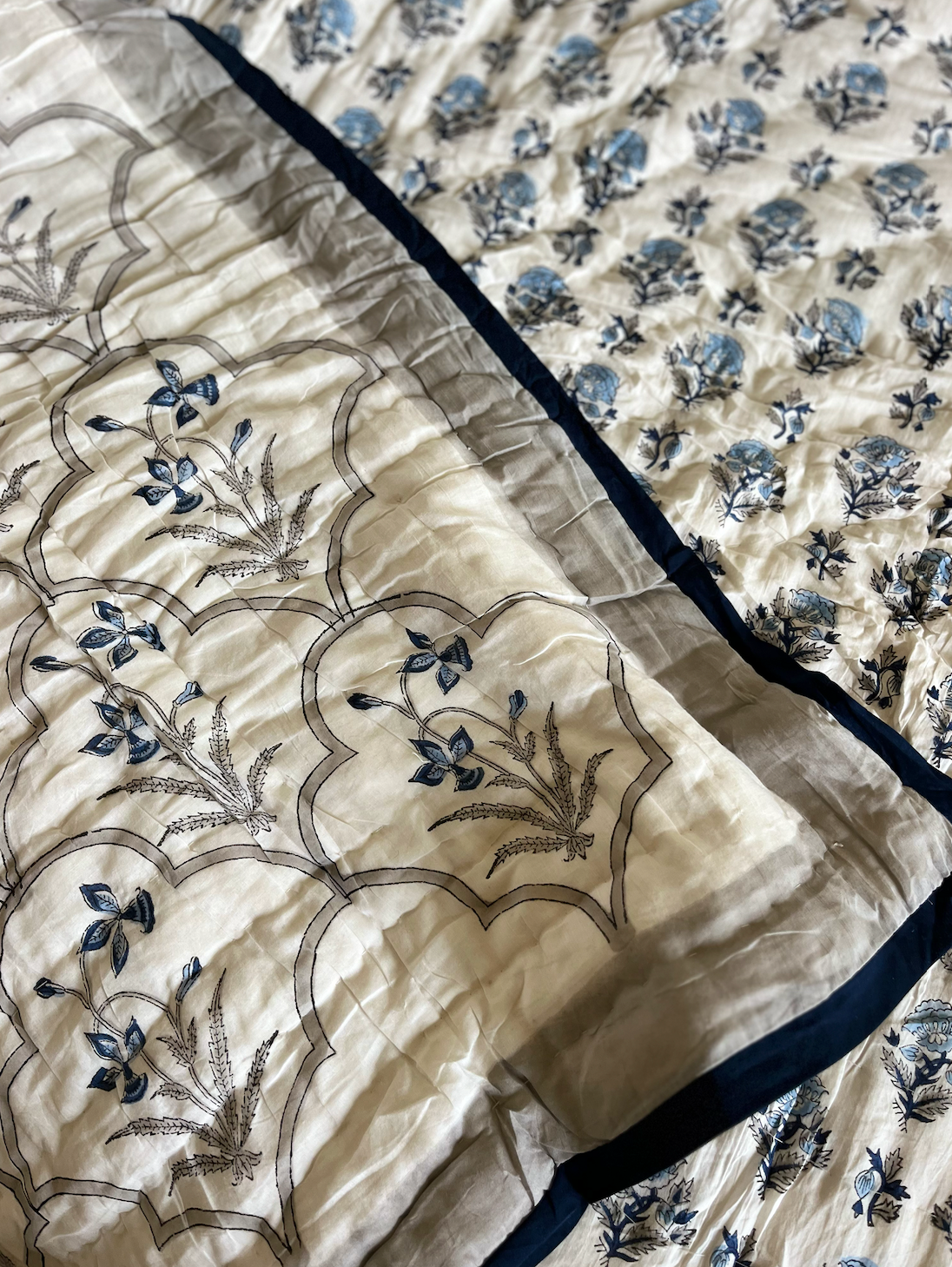 Beautiful Blue Floral Blockprinted Cotton Quilt
