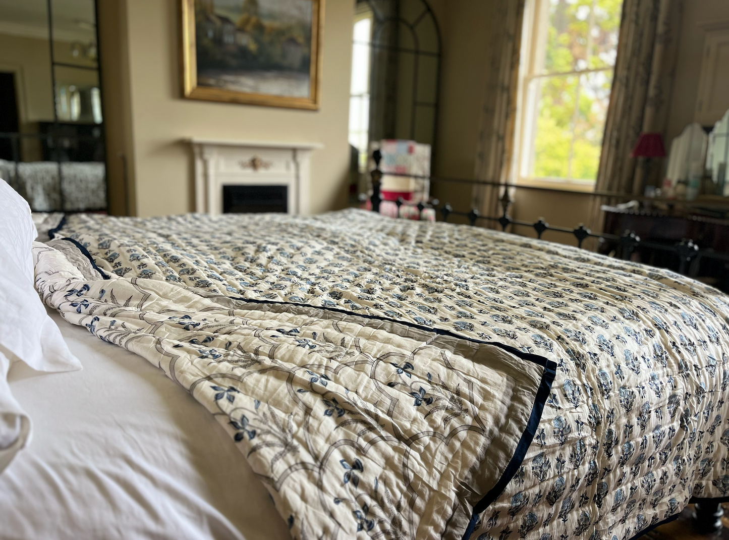 Beautiful Blue Floral Blockprinted Cotton Quilt