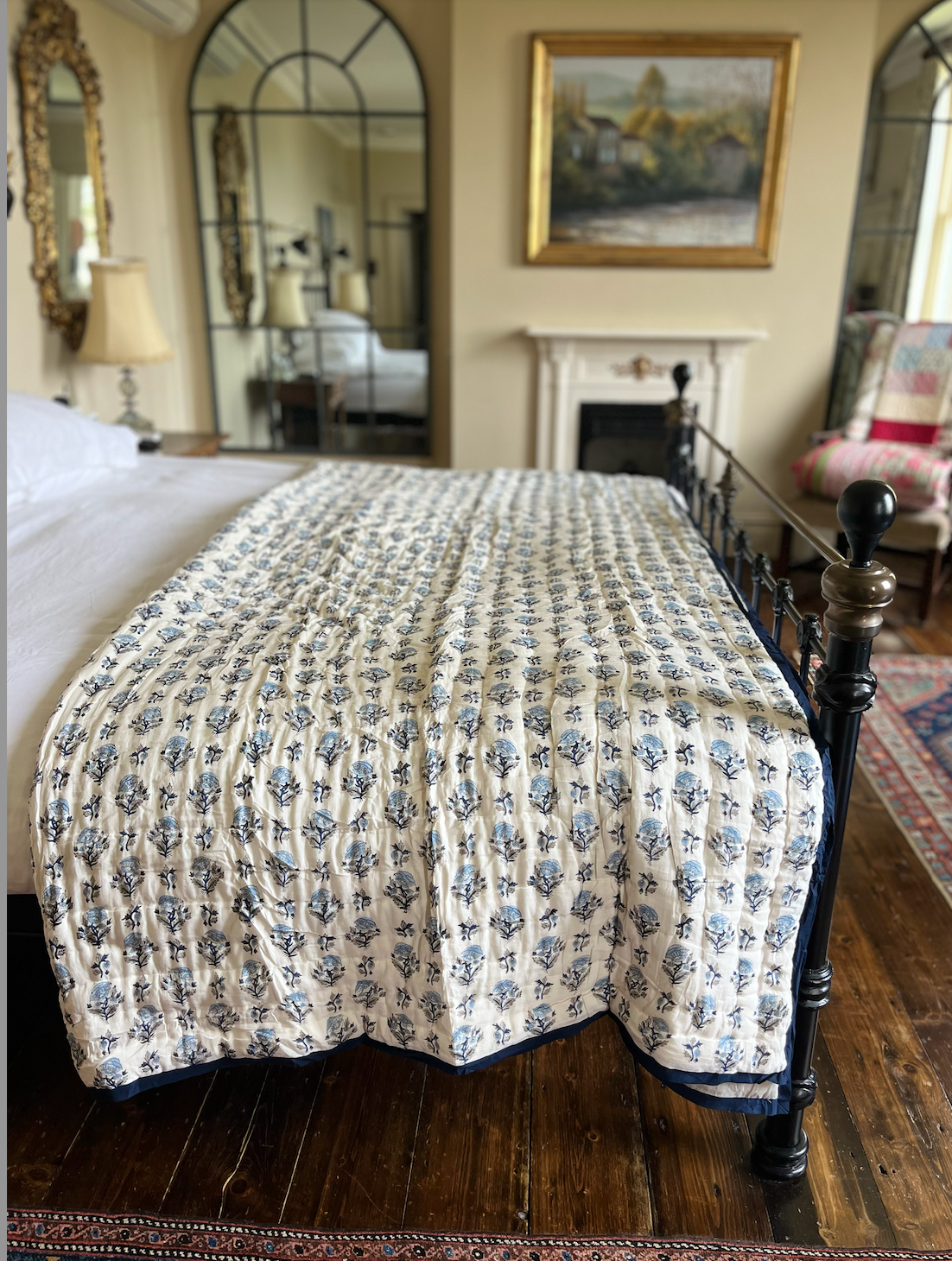 Beautiful Blue Floral Blockprinted Cotton Quilt