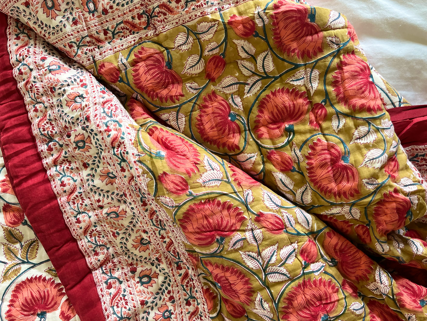 Golden & Red Blockprinted Cotton Quilt