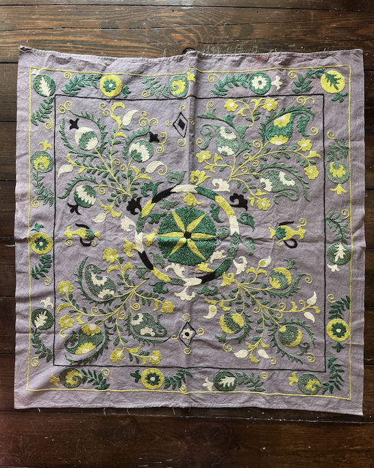 Square Green, Grey & Silver Cotton & Silk Suzani Fabric