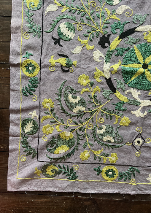 Square Green, Grey & Silver Cotton & Silk Suzani Fabric