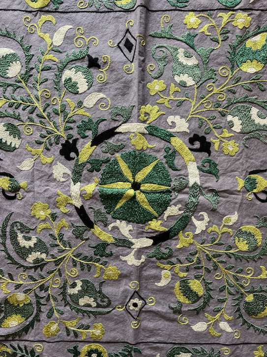 Square Green, Grey & Silver Cotton & Silk Suzani Fabric