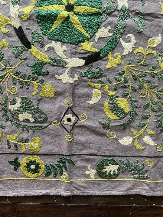 Square Green, Grey & Silver Cotton & Silk Suzani Fabric