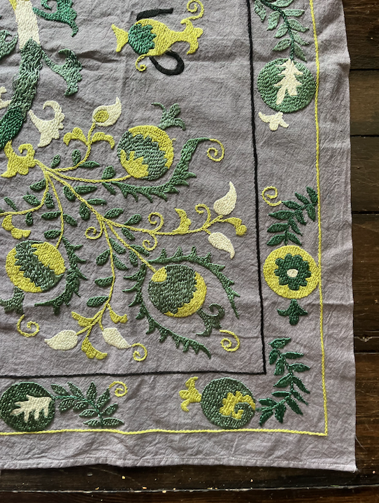 Square Green, Grey & Silver Cotton & Silk Suzani Fabric