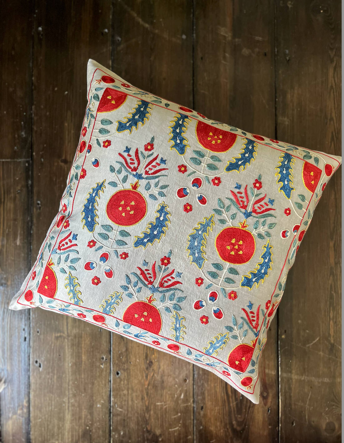 Red & Blue on Grey Striking Silk Suzani Cushion