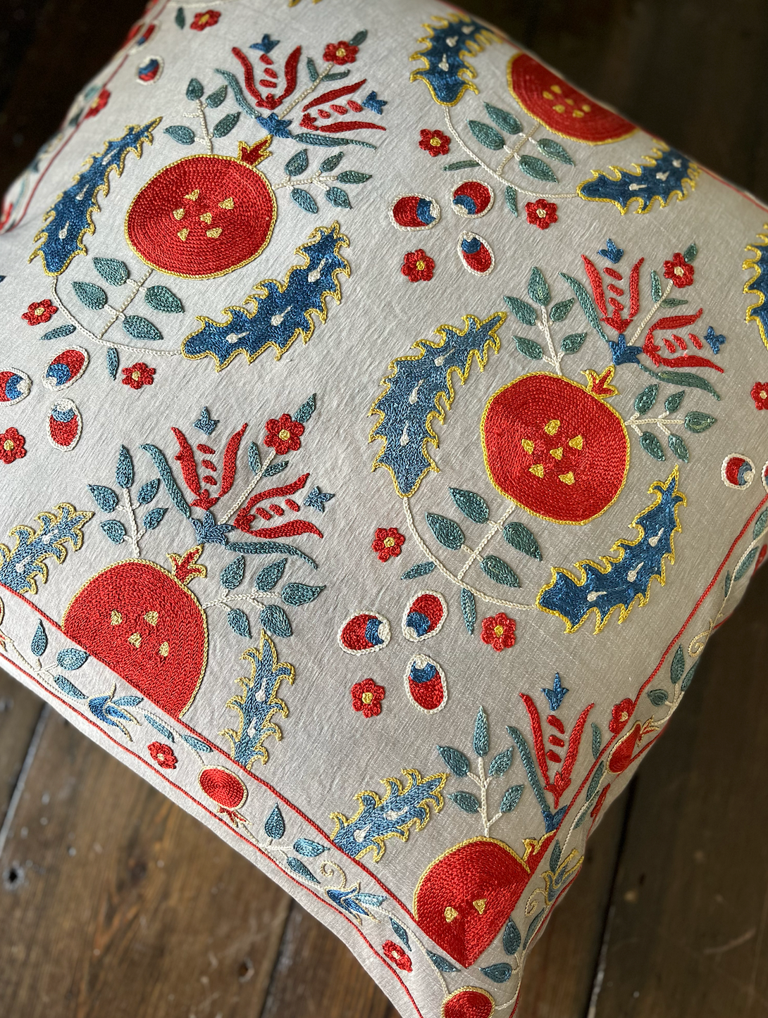 Red & Blue on Grey Striking Silk Suzani Cushion