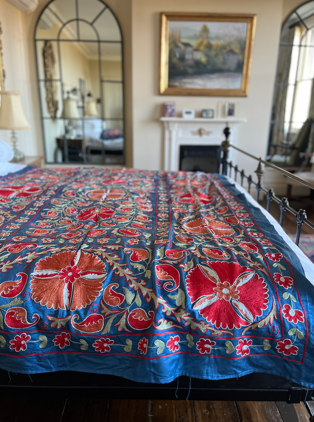 Large Bold Blue & Red Detailed Silk Suzani Fabric